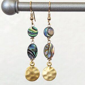 14K Gold Filled Teal Rainbow Abalone Shell Dangle Earrings